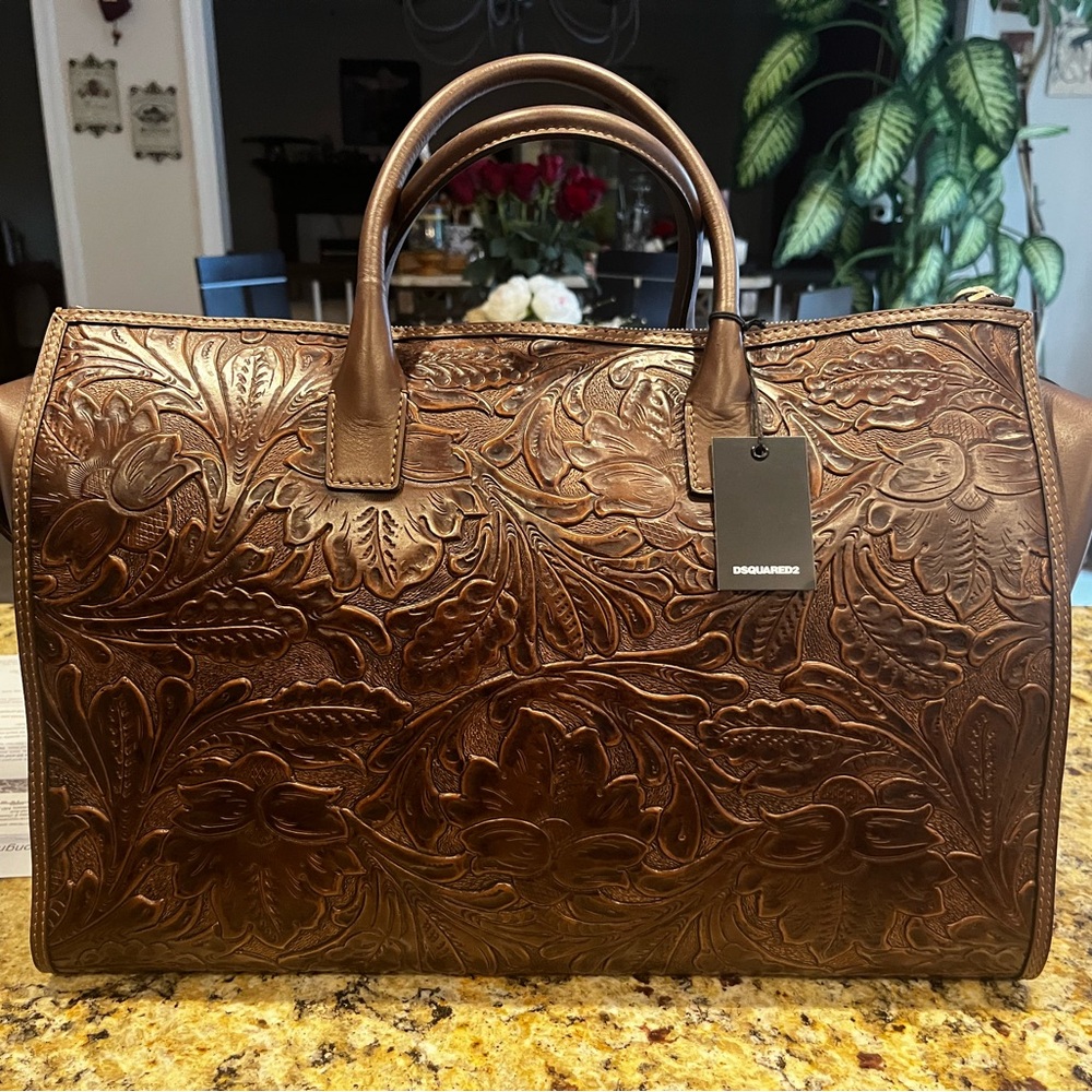 DSQUARED2 Floral Embossed Leather Duffel Bag